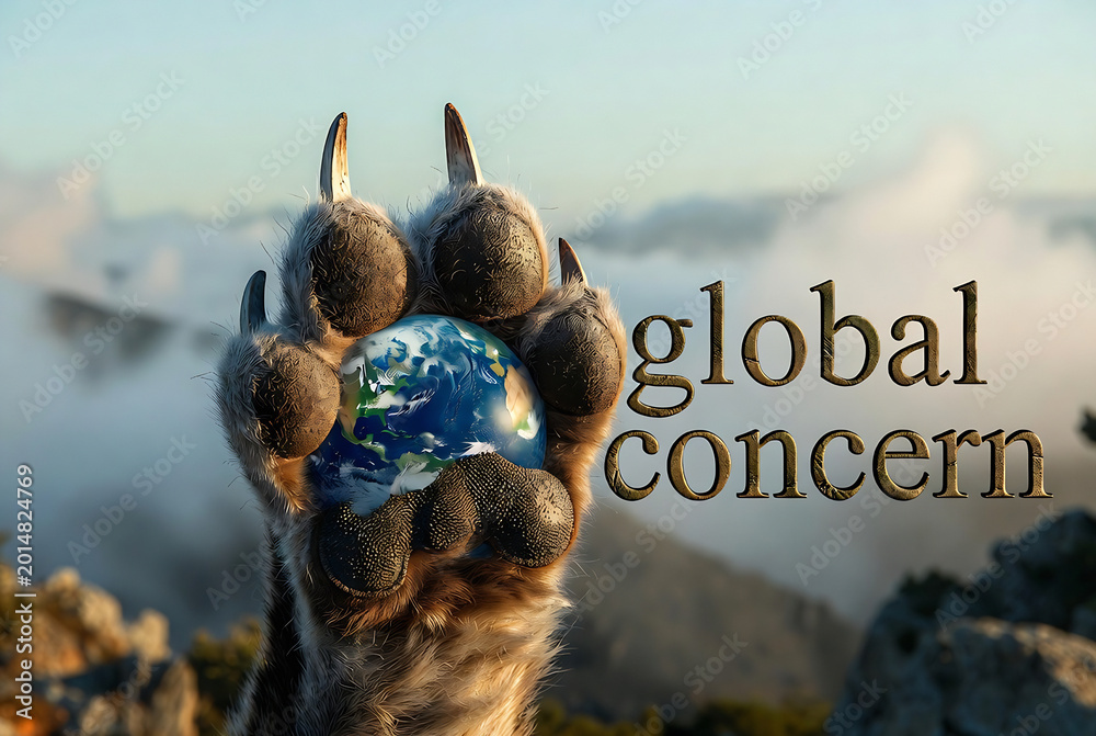 Fototapeta premium A cat's paw is superimposed over a globe, conveying global concern for the environment.