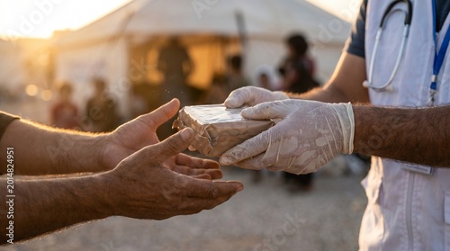 Humanitarian Aid Worker Handing Relief Package to Refugee in Camp at Sunset