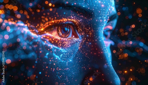 Abstract portrait of a person with glowing particles and vibrant colors.
