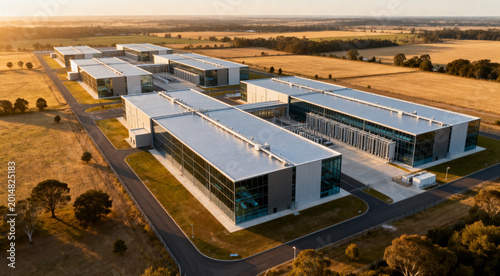 Large-scale server campus with multiple buildings in a peaceful rural area