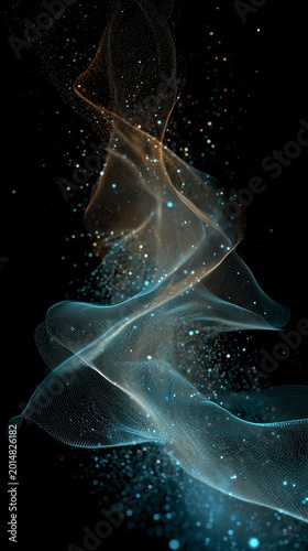 Elegant Smoke Trails: An artistic depiction of flowing smoke or ethereal fabric, adorned with shimmering particles, creating a mesmerizing dance of light and form.