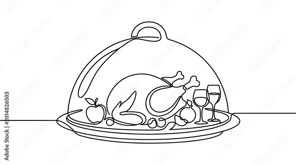 Fototapeta premium Continuous line art of a festive roasted turkey dinner with wine, elegantly presented under a serving cloche, perfect for holiday gourmet dining