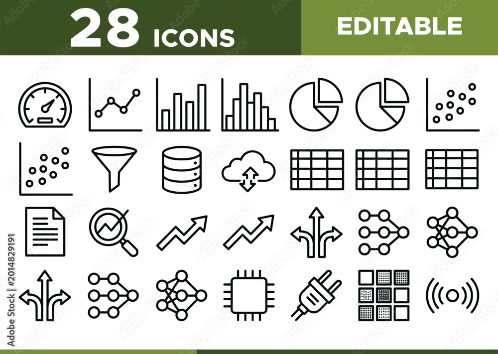 Fototapeta premium 28 Data Analytics Icons, editable vector line art collection for business intelligence and data visualization, modern infographic elements for reports and presentations