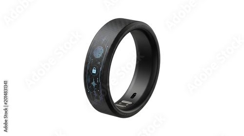 Futuristic black smart ring with biometric security icons