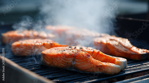 Fresh salmon steaks grilling on barbecue with smoke, seafood cooking and outdoor summer food preparation concept grilled salmon, salmon steaks, barbecue, seafood, fish grill, outdo