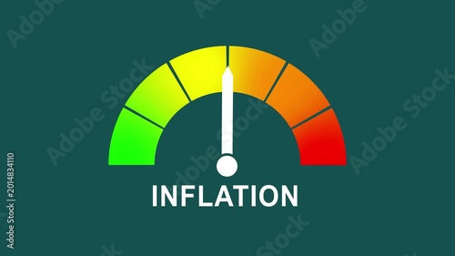Animated digital gauge displays inflation level, ranging from safe low to critical high, indicator changes through green, yellow, and red levels on dashboard.animation