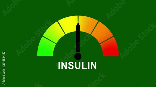 Animated digital gauge displays Insulin level, ranging from safe low to critical high, indicator changes through green, yellow, and red levels on dashboard.animation