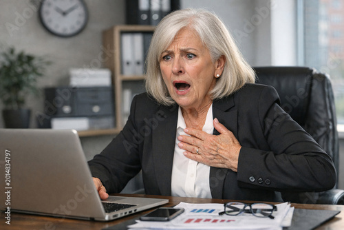 A surprised businesswoman sitting in her office with a laptop displaying an unexpected message.