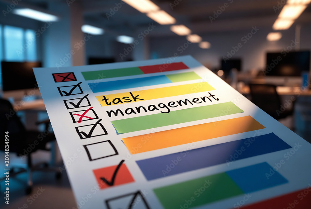 Fototapeta premium A task management checklist is displayed on a document, suggesting productivity and organization in an office setting.