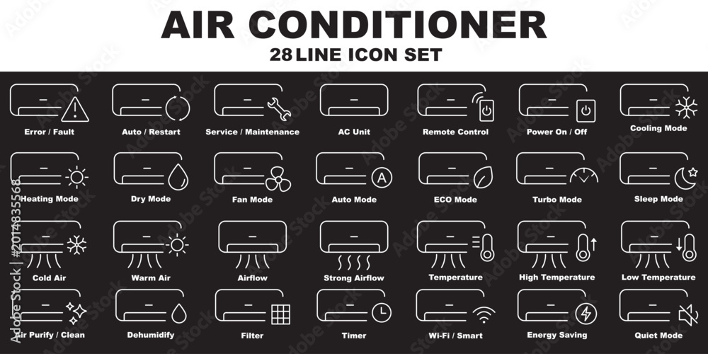 Fototapeta premium Air conditioner line icon set vector, cooling, heating and climate control outline symbols collection, HVAC airflow icons for smart home, app, web and appliance UI design