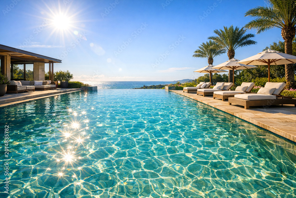 Fototapeta premium Sunsplash at the infinity pool overlooking the ocean.
