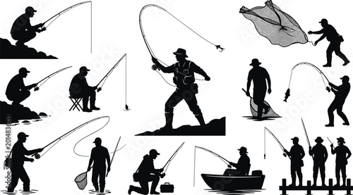 Schilderij op canvas Fishing silhouettes collection showing anglers casting rods catching fish using