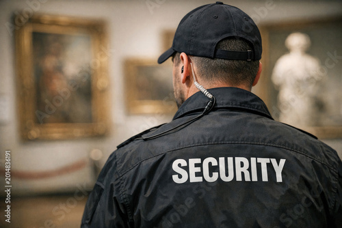 A security officer stands inside a museum, wearing a uniform with 'SECURITY' written on the back and a cap. He is facing away from the camera and looking at a painting on the wall.