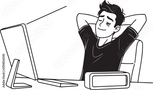 Man sitting at desk with computer and speaker relaxing with hands behind head