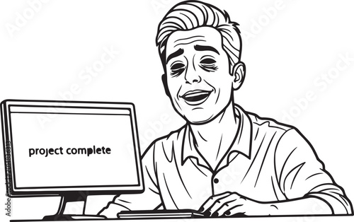 Man sitting at desk with computer monitor showing project complete message