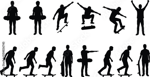 Tableau sur toile Skateboarder silhouettes set with skaters performing tricks jumping riding and h