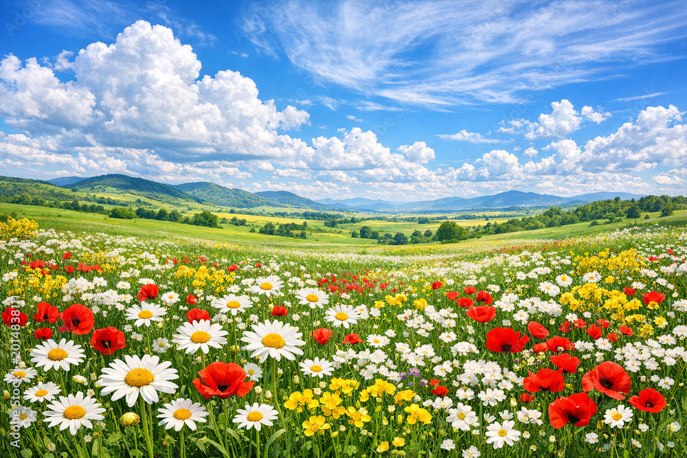 Fototapeta premium A vivid field filled with colorful flowers and a beautiful mountain range in the distance under a blue sky with clouds.