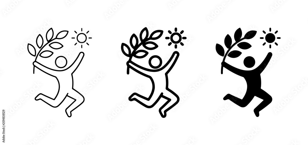 Fototapeta premium Joyful Figure Silhouette, Olive Branch, Sun Icon Set, Vector Graphics for Celebration and Success Concepts