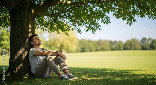 Man sitting under a tree in a park on a sunny day