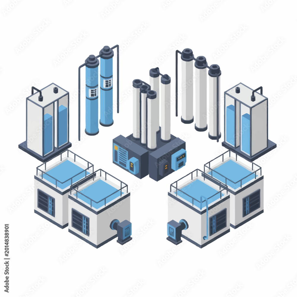 Fototapeta premium Industrial Water Purification Plant Equipment Isometric Illustration.