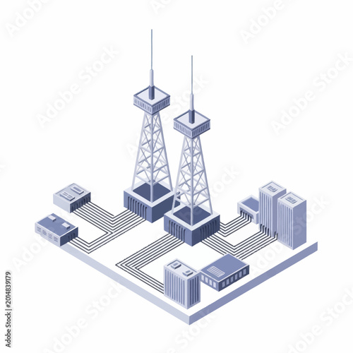 Schilderij op canvas Modern communication towers connected to data centers isometric view