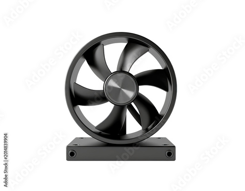 Black computer fan with six blades on a stand