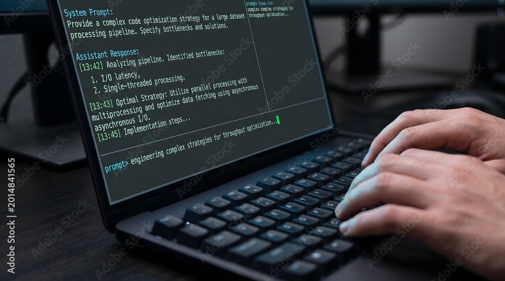 Fototapeta premium Software developer engineering complex AI strategies on a laptop screen