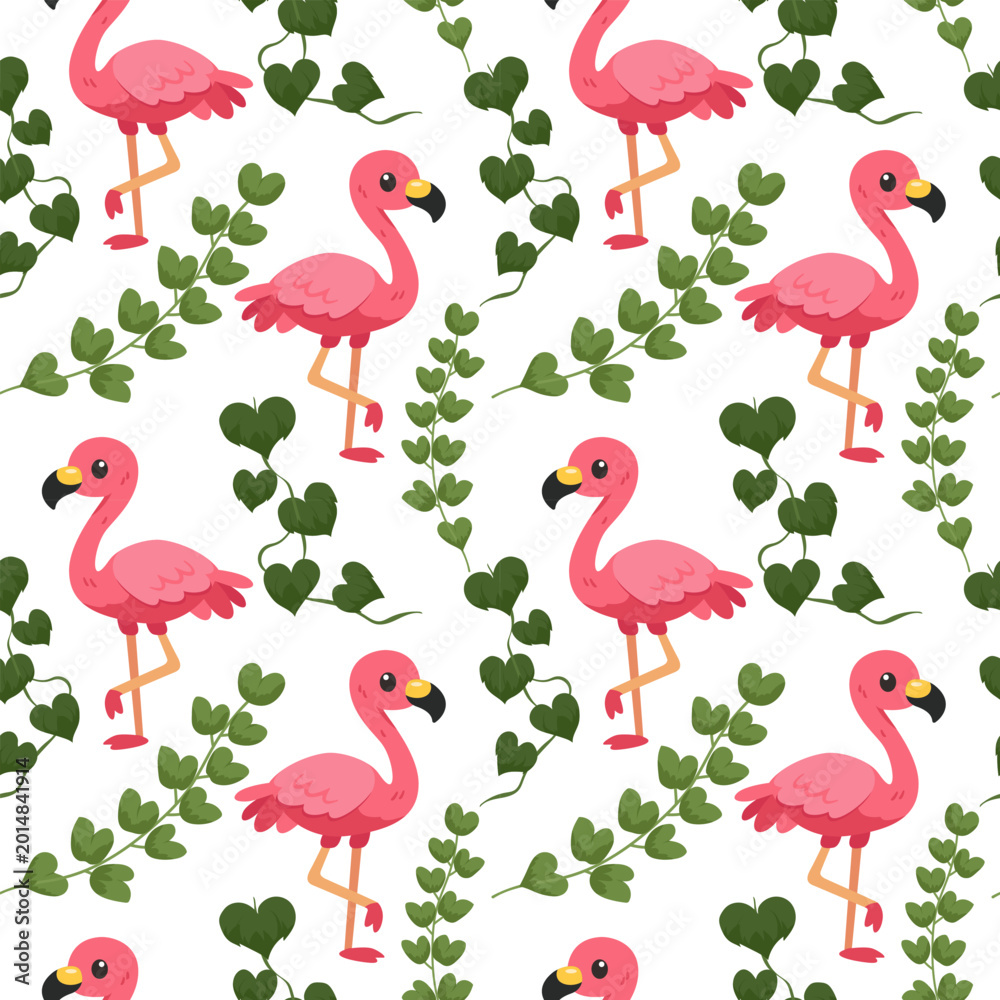 Obraz premium Cute cartoon pink flamingo and tropical plants seamless pattern