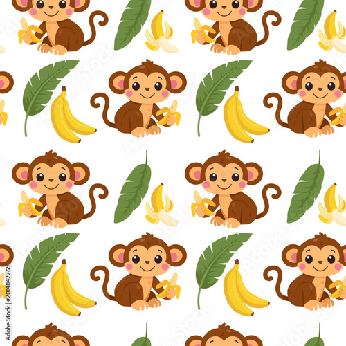 Photography Cute cartoon monkey with banana and tropical leaves seamless pattern