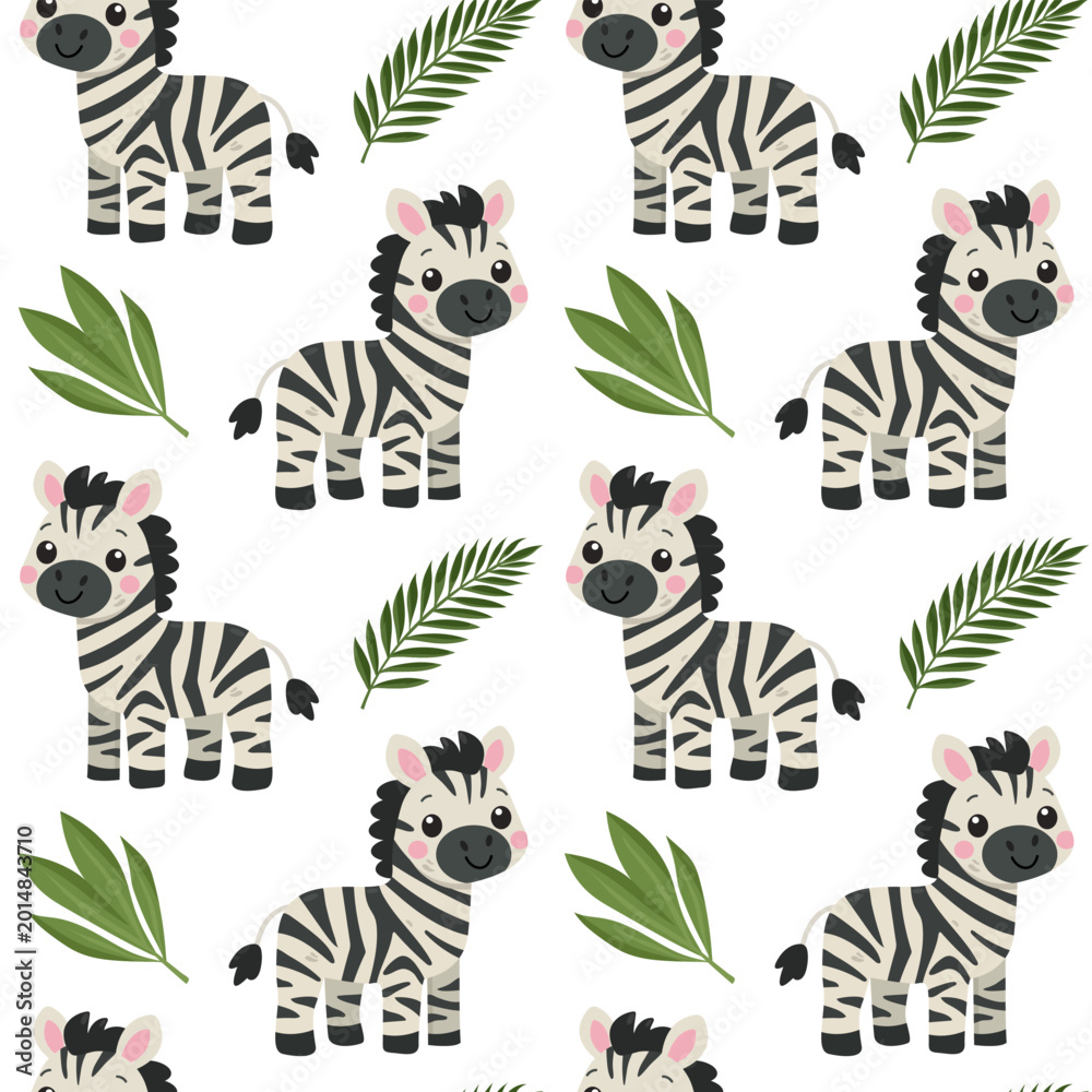 Obraz premium Seamless pattern with cute cartoon zebras and green tropical leaves