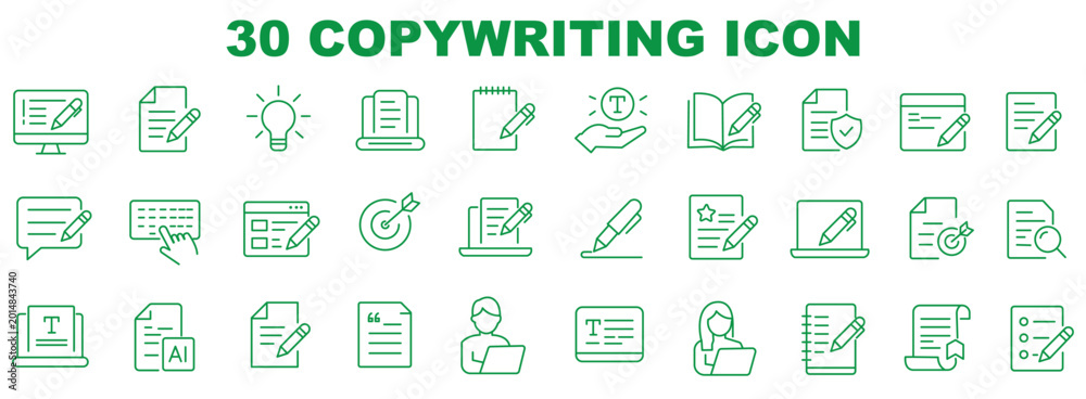 Obraz premium Copywriting Editable Line Icons Set for Content Creation, SEO, Marketing, Ads, Website Optimization, and Digital Advertising.