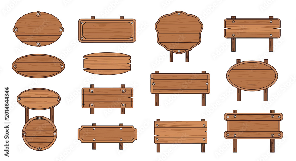Fototapeta premium Collection of various empty wooden signboards and rustic banners