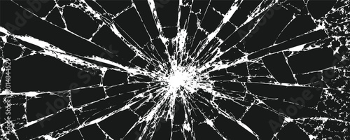 Foto Realistic vector illustration of shattered glass texture with a central impact point and radial cracks, isolated on a black background