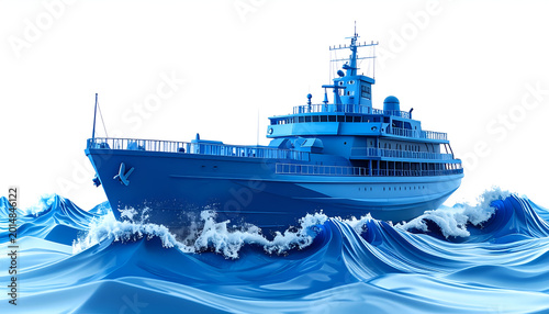 Large Blue Ship Navigating Through Choppy Ocean Waves.