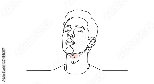 Line drawing of a man with a sore throat, tilting head back in discomfort, minimalistic black and white style with red accent on throat, white background