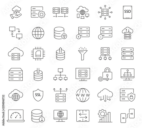 Cloud Hosting and Computing Line Icon. Technology, Cloud Server, Data Storage, Web Services Symbol line icon set