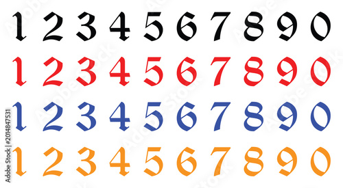 Obraz na płótnie Old english gothic numbers set, black red blue orange medieval digits, calligraphy font vector illustration for vintage branding, heraldic decorative design