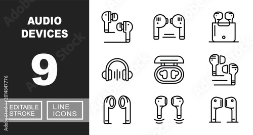 Schilderij op canvas Audio devices line icon set