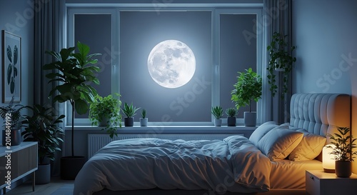 Woman resting in cozy bedroom with full moon visible through window at night