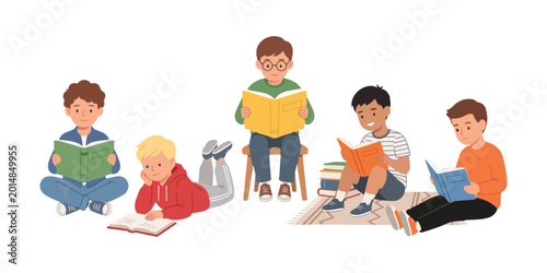 Foto Set of Kids Reading Books in Various Poses Indoor Scene