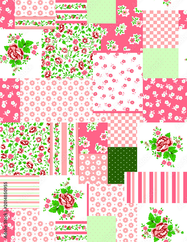 collage of pink and green floral patchwork squares
