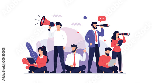 Group of diverse professionals using megaphones and telescopes to communicate ideas and search for new business opportunities.