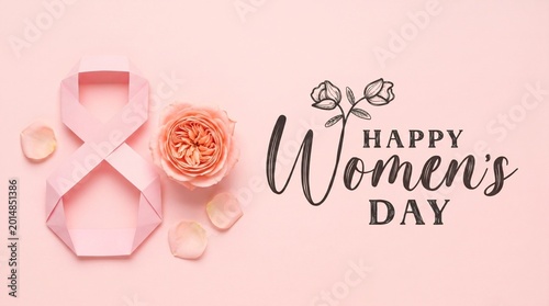 Pink paper number eight with roses and womens day greeting on light background