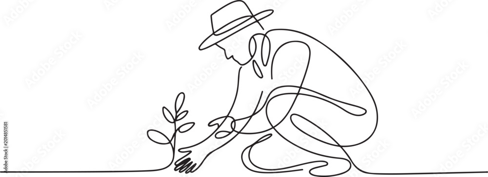 Fototapeta premium Continuous One Line Drawing Farmer Tending Plant. one line Icon drawing