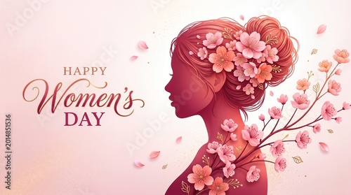 Woman with floral headpiece celebrating Womens Day against pink background