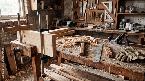 Woodworking workspace featuring a wooden table, tools, and shavings, creating a productive atmosphere