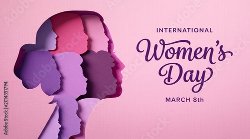 International Womens Day poster with raised fist and floral design on pink background