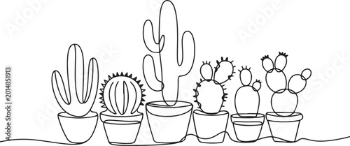 Continuous one Line Drawing of Cacti in Pots. Line Art of Cacti in Pots. one line Icon drawing