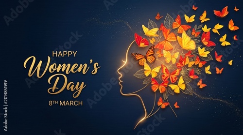 Womens Day celebration with golden floral silhouette and date on dark background
