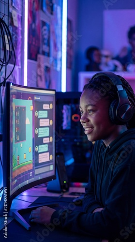 An engaged individual is absorbed in a thrilling gaming session. This is captured in a vibrant and dynamic environment, which depicts the immersive digital world of gaming.